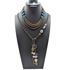 Lot of Two Plunder Necklaces Bronze Metal Blue Rhinestone Charm Tassel Chain